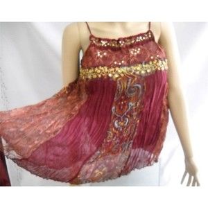 Y2K Crinkle Cami Top SEXY Retro BOHO With Liner & Lace Beads Burgundy Gorgeous